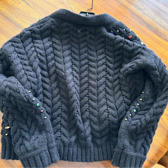 FUN & COLORFUL SPARKLE RHINESTONES OPEN FRONT BLACK CABLE KNIT SWEATER. - Picture 3 of 4